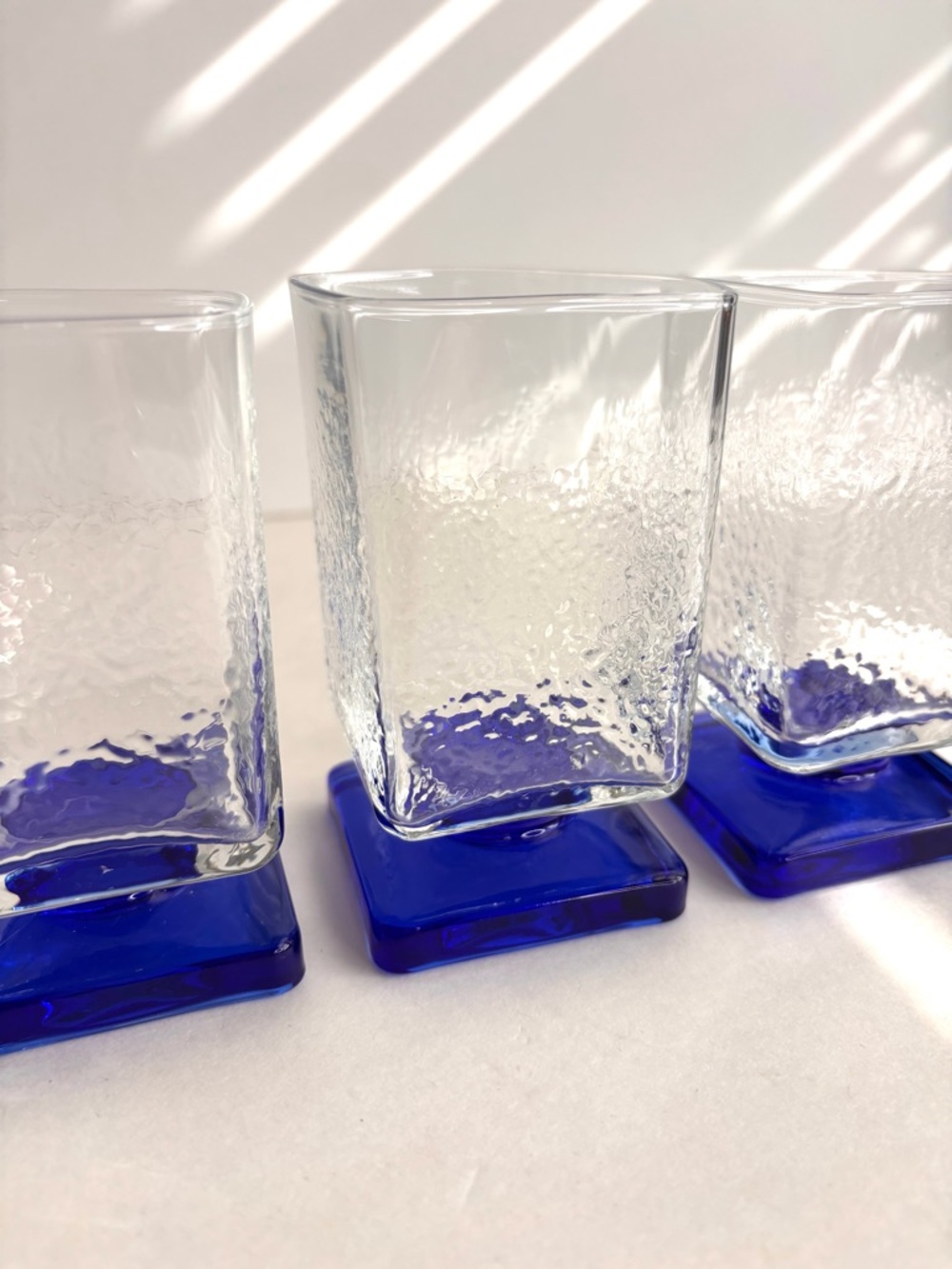 Vintage 70’s Bormioli Rocco Italy Clear Textured Glasses (3) Cobalt Square Base